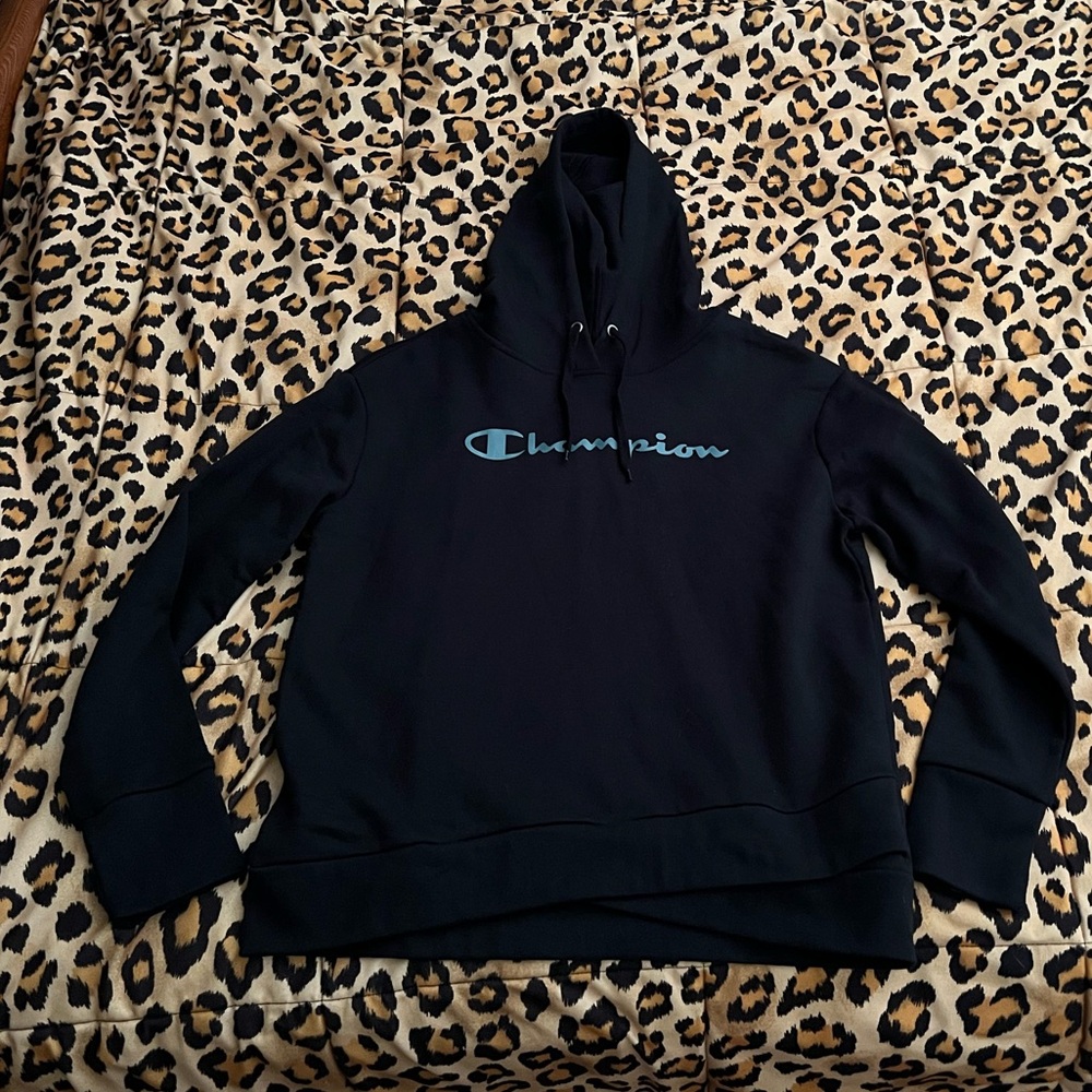 Women’s medium Champion Black Hoodie with Blue Logo